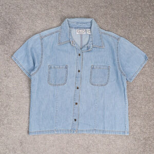 VTG 90s Womens Carolina Blues Chambray Large Blue Short Sleeve Collared Shirt